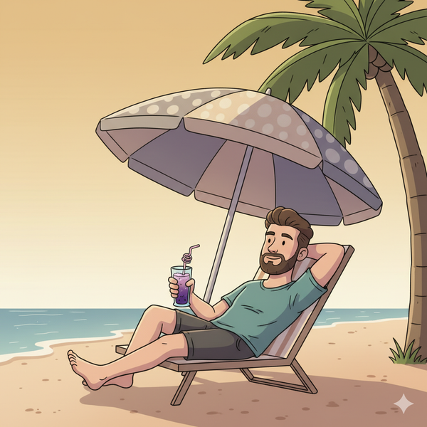 Fictional image of a man lying on the beach with a cold drink in his hand.